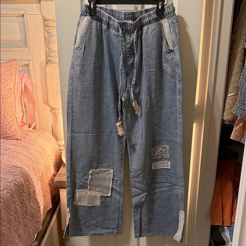 POL Light Blue Wide-Leg Patchwork Drawstring Pants